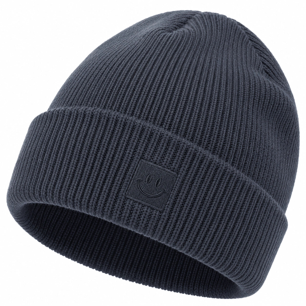 Rippstrick-Beanie mit Smiley-Logo in Dunkelblau